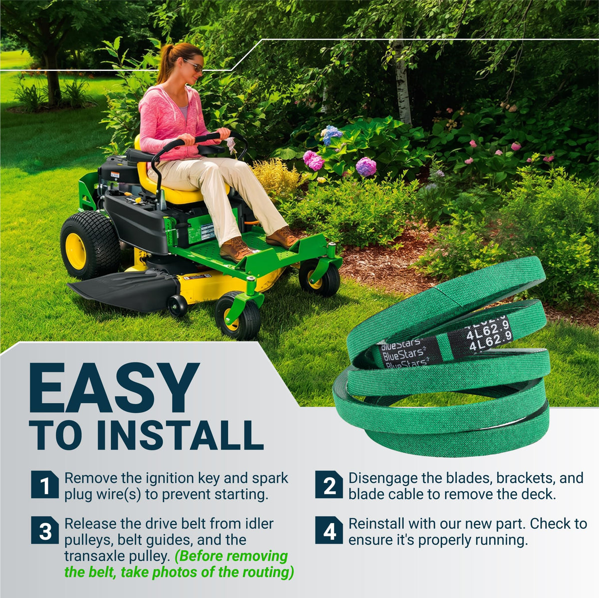 Replacement GX26401 green mower drive belt with easy installation instructions for zero-turn lawn mowers.