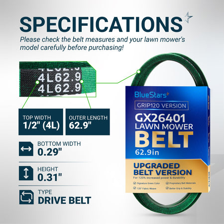BlueStars GX26401 lawn mower drive belt specifications chart showing 1/2 inch width and 62.9 inch outer length.