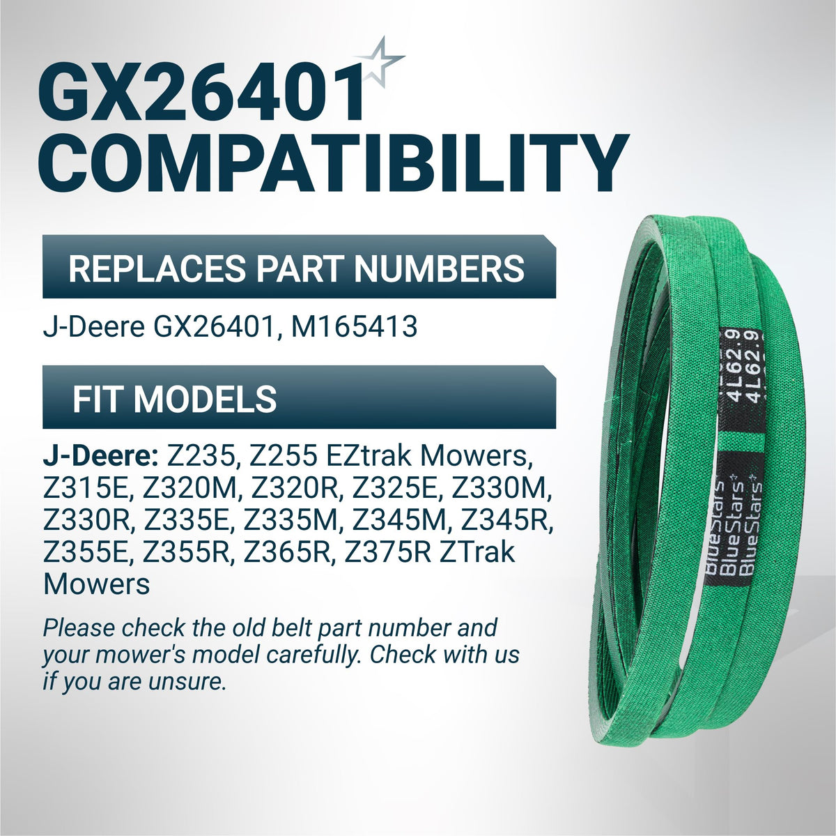 Green replacement mower deck belt for John Deere GX26401 and M165413, compatible with ZTrak mower models.