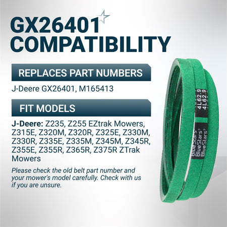 Green replacement mower deck belt for John Deere GX26401 and M165413, compatible with ZTrak mower models.