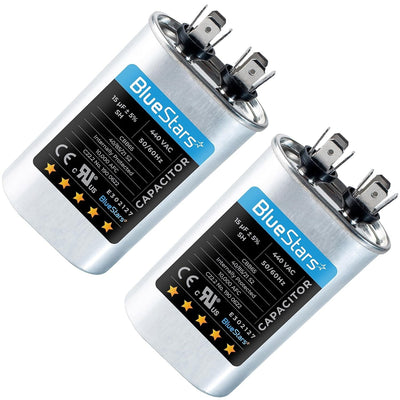 Two 15 uF 370/440 VAC oval run start capacitors for AC motors and heat pumps.