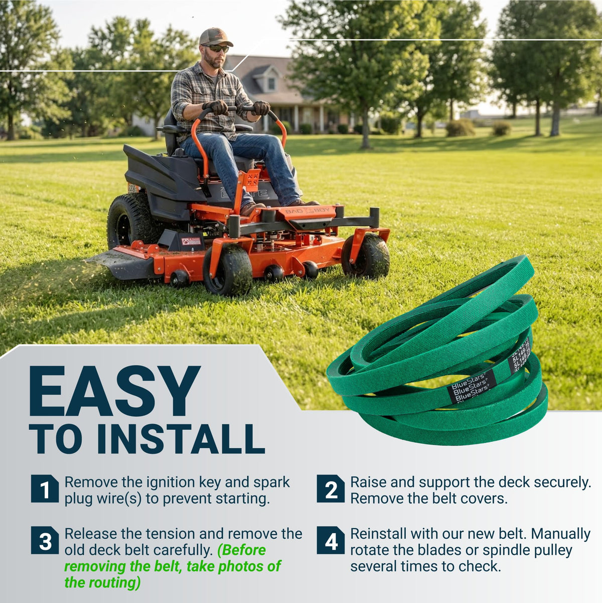 Green replacement mower deck belt with installation instructions for a zero-turn lawn mower.