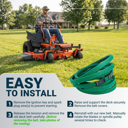 Green replacement mower deck belt with installation instructions for a zero-turn lawn mower.