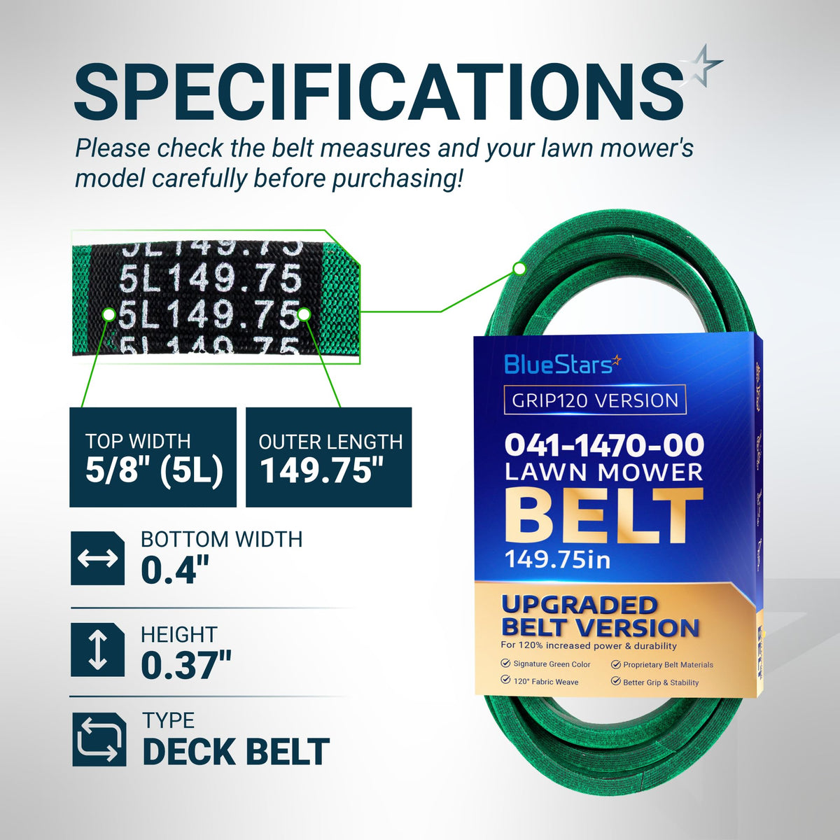 Specification chart for 041-1470-00 lawn mower deck belt showing dimensions, 5L149.75 markings, and product features.