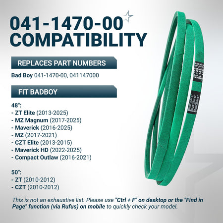 Green replacement mower deck belt for Bad Boy 041-1470-00 compatible with 48-inch and 50-inch mower models.
