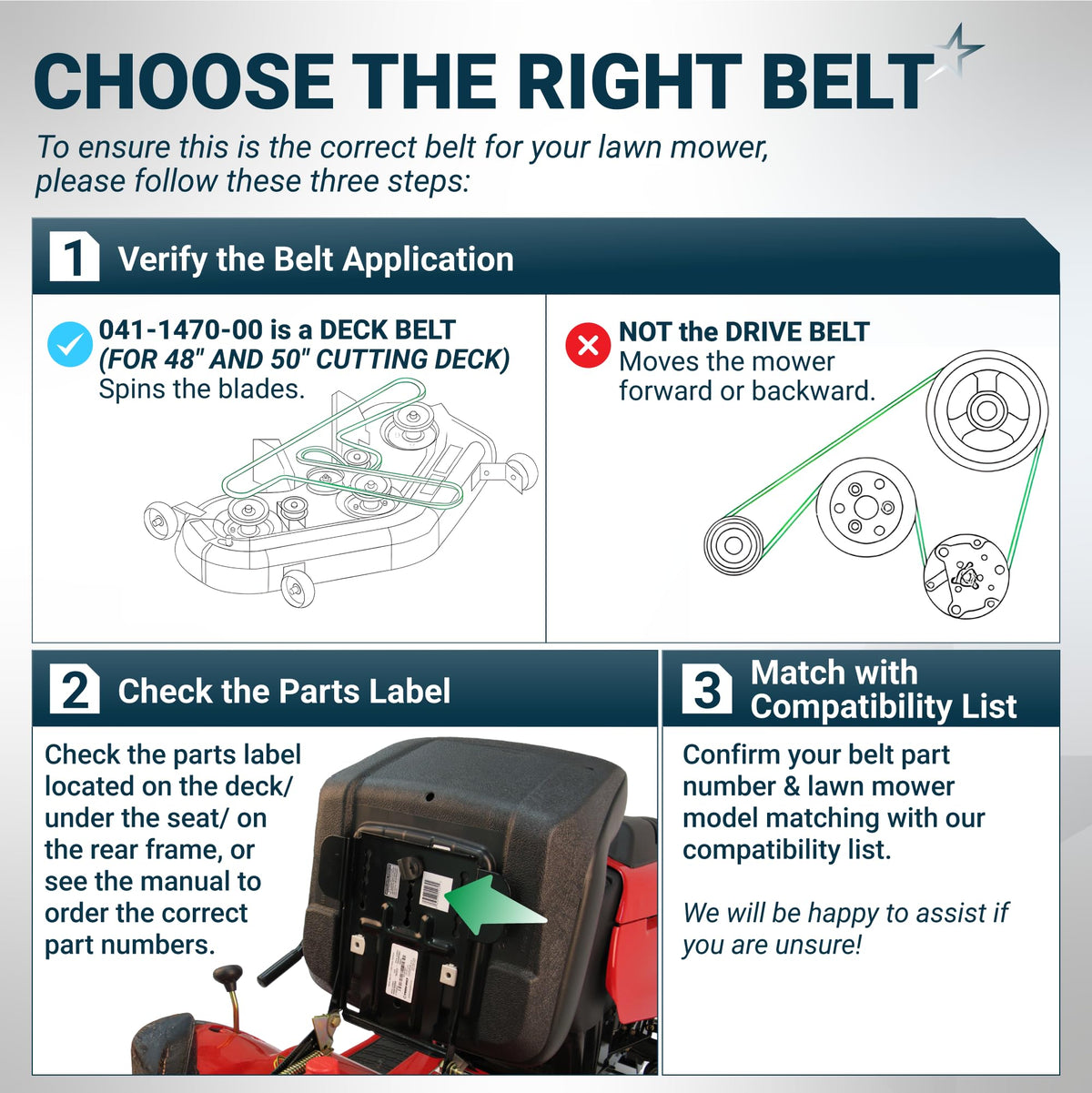 Instructional guide for identifying 041-1470-00 lawn mower deck belt compatibility and part number location.