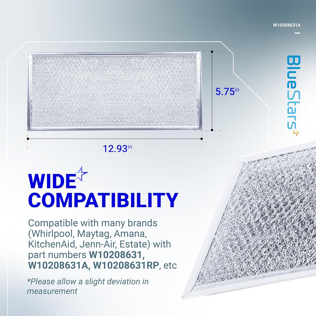W10208631A microwave grease filter dimensions diagram showing aluminum mesh screen size and compatibility information.