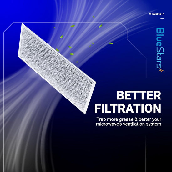 W10208631A aluminum mesh microwave grease filter replacement with airflow graphic on blue background.