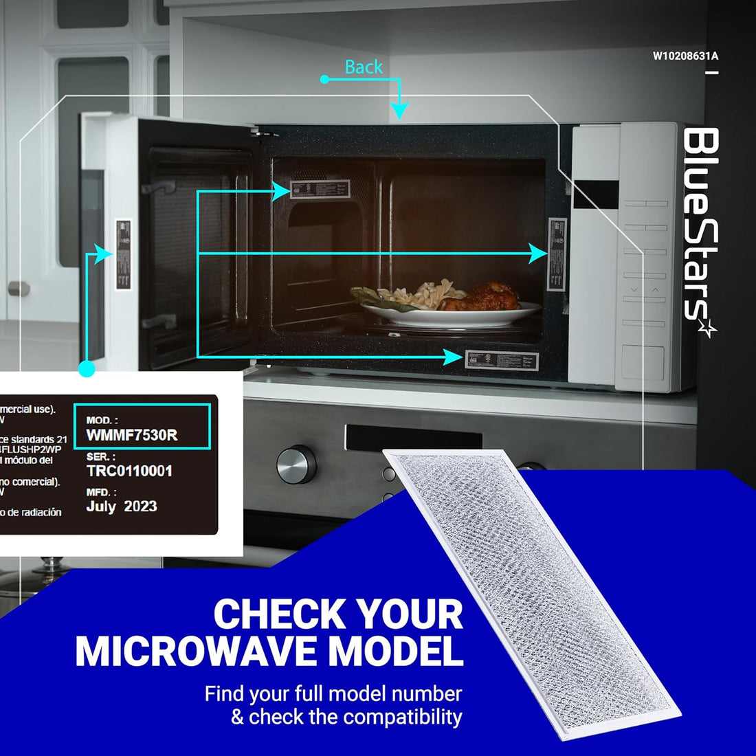W10208631A aluminum mesh microwave grease filter with model number compatibility guide graphic.