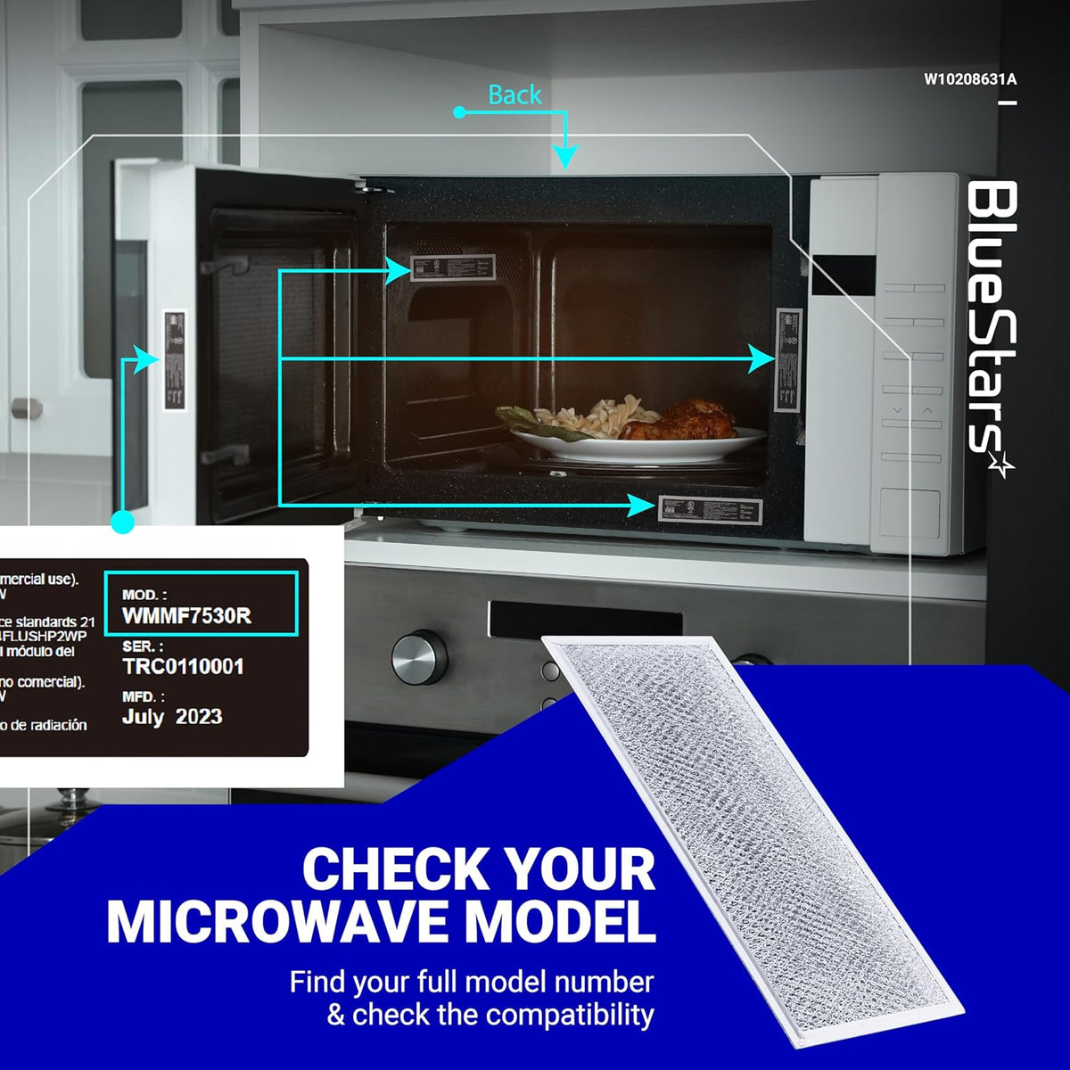W10208631A aluminum mesh microwave grease filter with model number compatibility guide graphic.