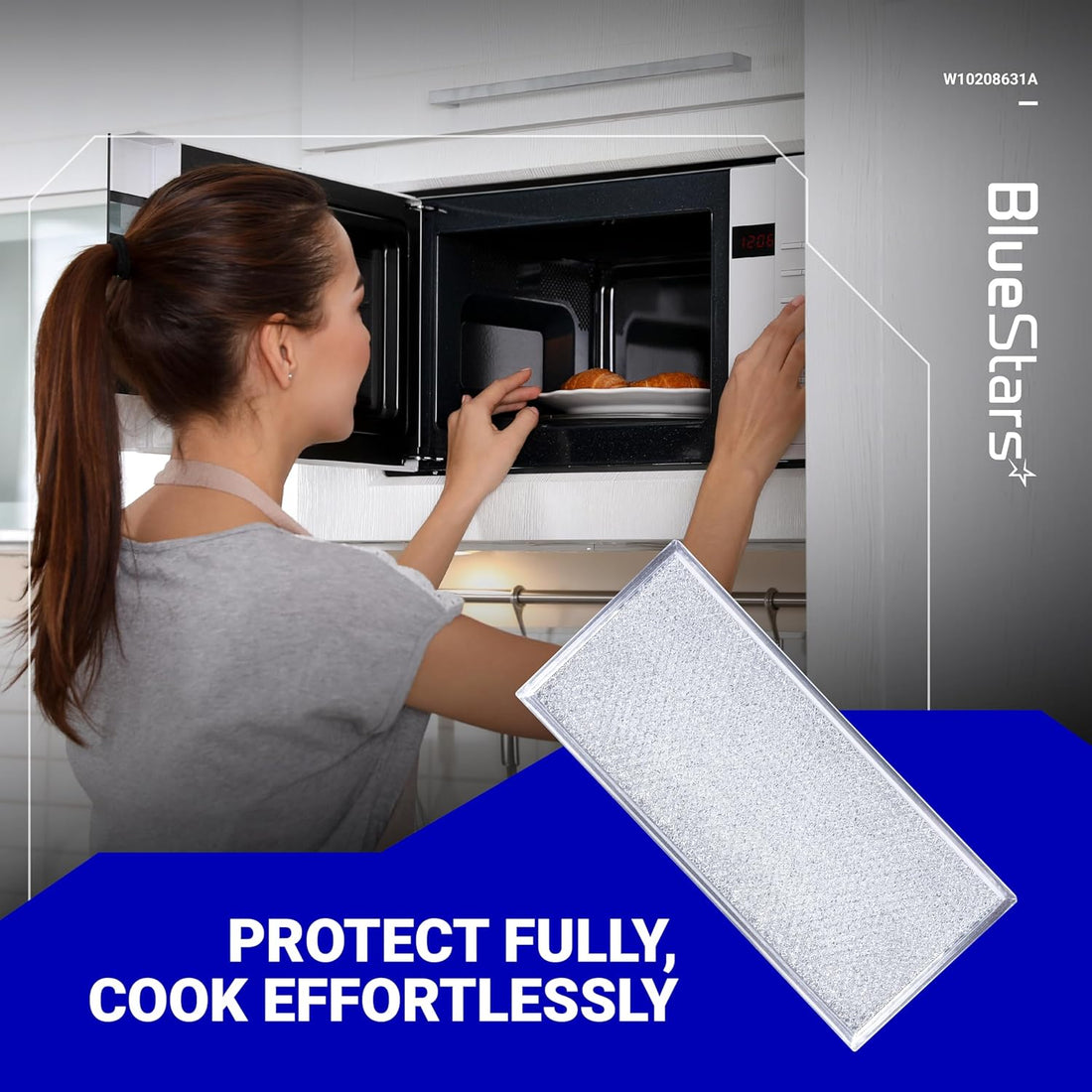 W10208631A aluminum mesh microwave grease filter replacement shown with a woman using an over-the-range microwave.