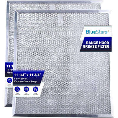 Two 11 1/4" x 11 3/4" metal mesh range hood grease filters compatible with Broan and Kenmore Sears units.