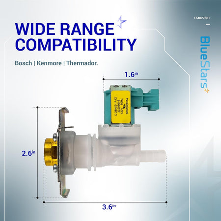 Dishwasher water inlet valve replacement with dimensions for Bosch, Thermador, and Kenmore appliances.