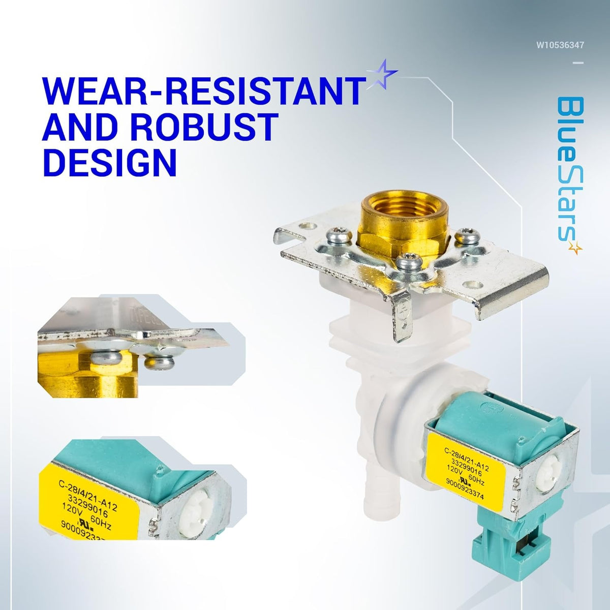 622058 dishwasher water inlet valve replacement with close-up views of the brass fitting and electrical solenoid.
