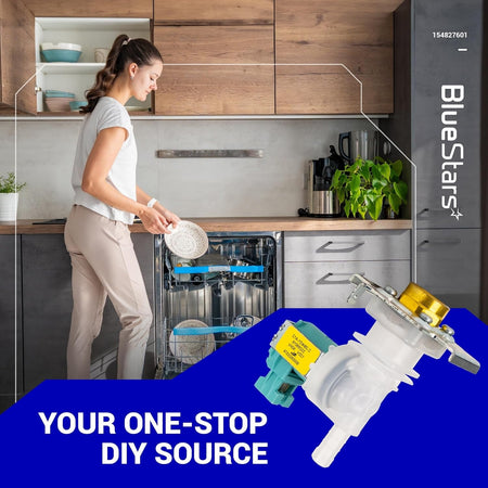 Dishwasher water inlet valve replacement for Bosch, Thermador, and Kenmore appliances shown against a kitchen background.