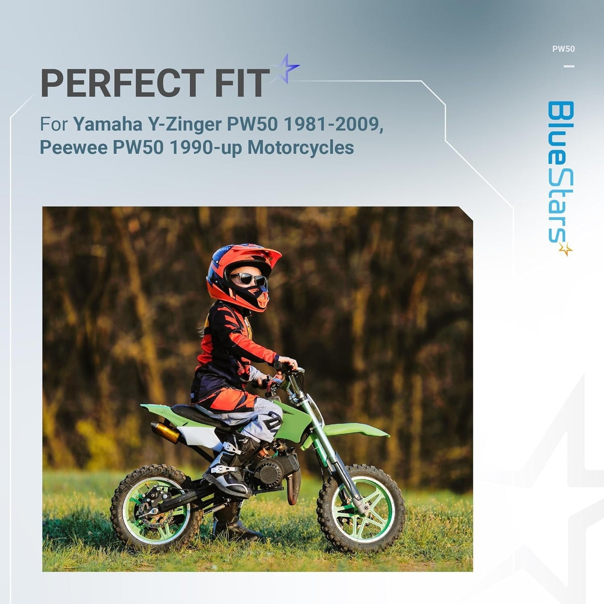 Child riding a Yamaha PW50 dirt bike, compatible with PW50 carburetor kit parts for 1981–2009 models.