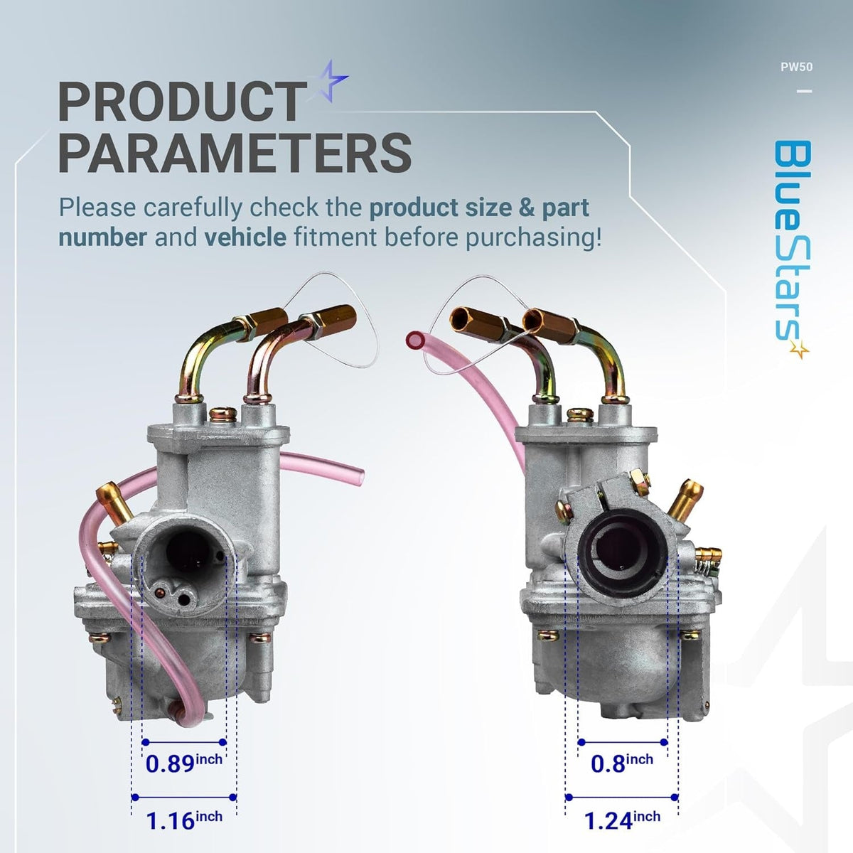 Dimensional diagram of Yamaha PW50 carburetor showing intake and outlet measurements for fitment verification.
