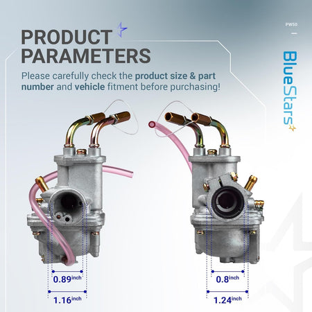 Dimensional diagram of Yamaha PW50 carburetor showing intake and outlet measurements for fitment verification.