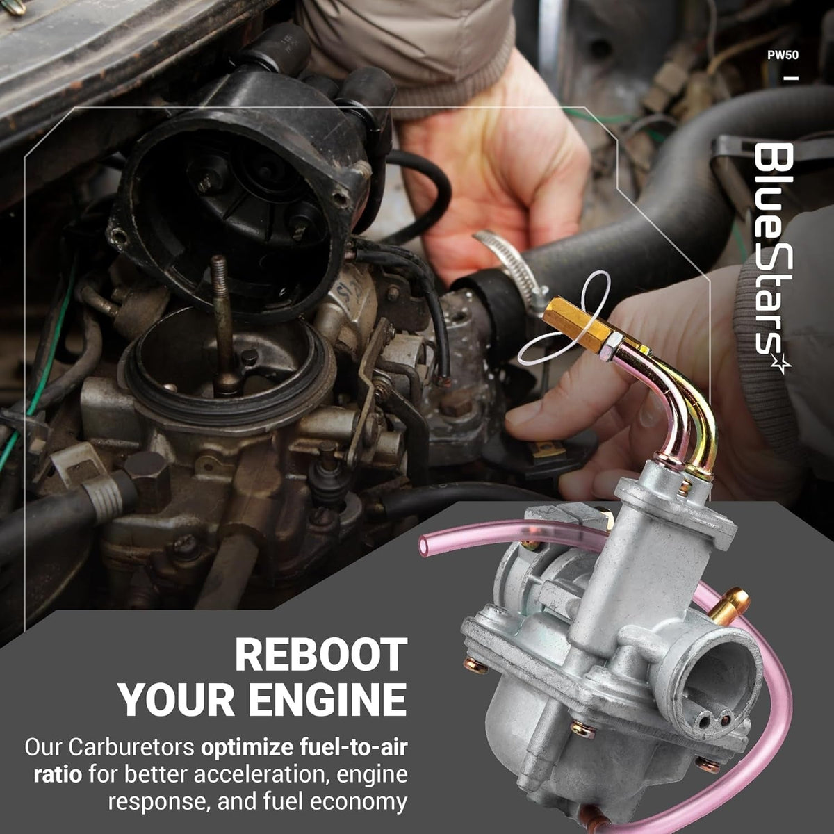 Replacement carburetor for Yamaha PW50 Peewee shown with engine repair background and promotional text.