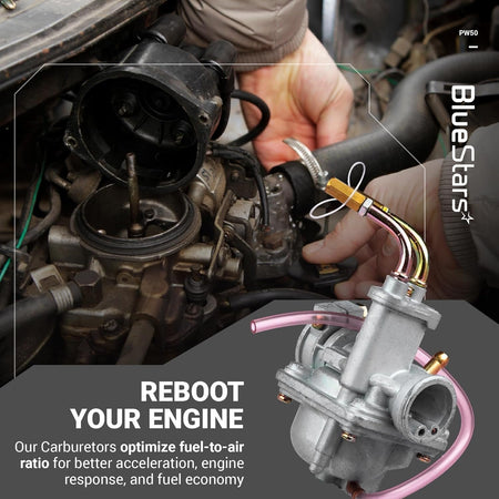 Replacement carburetor for Yamaha PW50 Peewee shown with engine repair background and promotional text.
