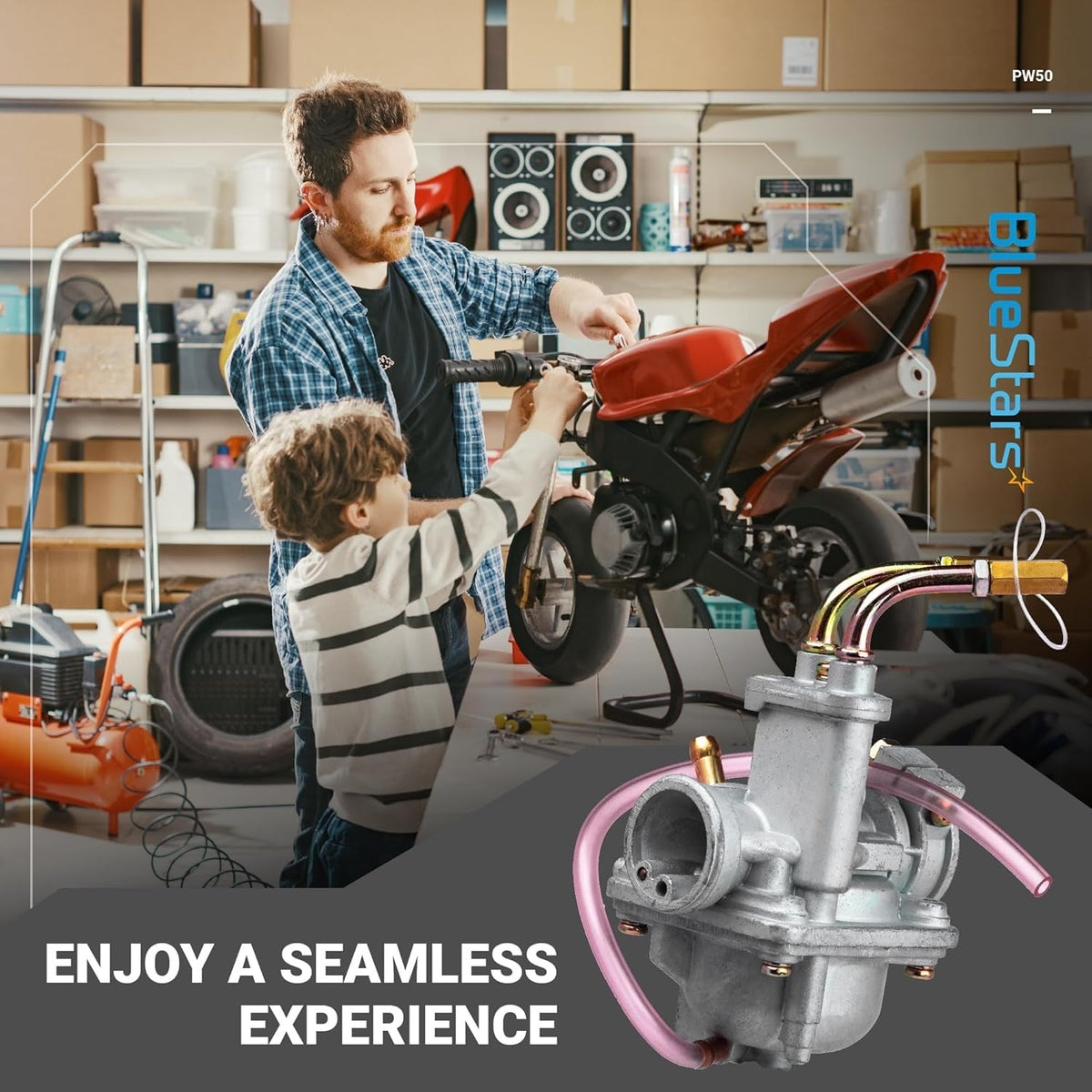Replacement carburetor for Yamaha PW50 dirt bike with father and son working on motorcycle in background.