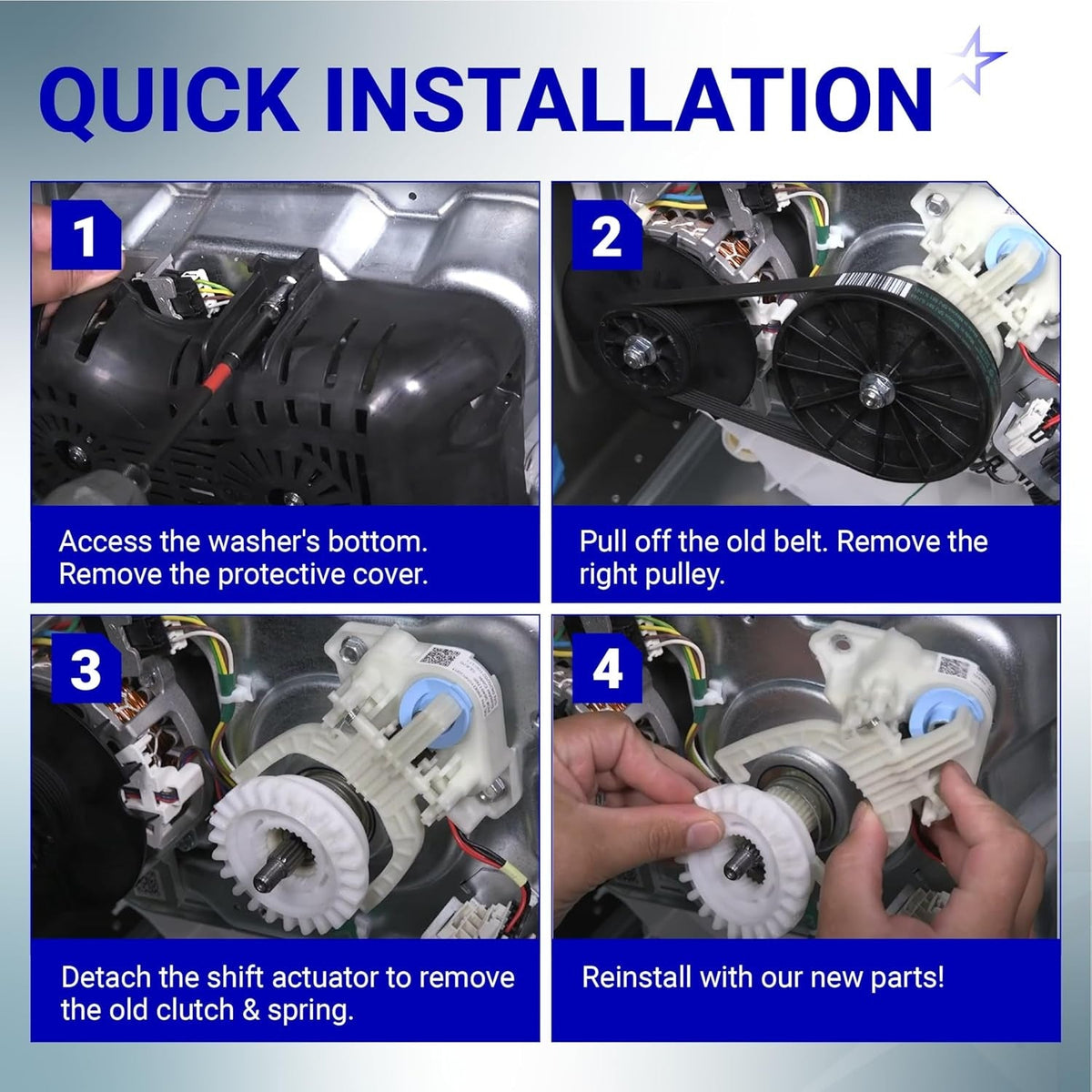 Four-step installation guide for GE Hotpoint washer drive belt, clutch, and spring replacement.