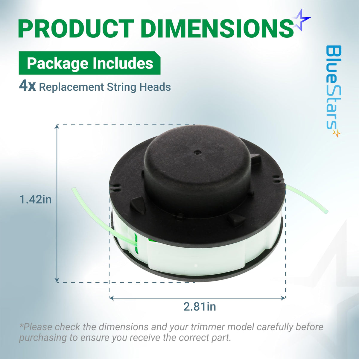Dimension diagram of FSA 56 replacement string trimmer spool showing 1.42in height and 2.81in diameter.