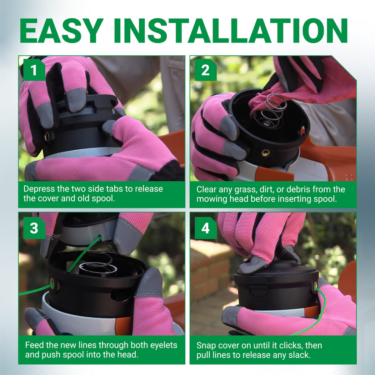 Four-step installation guide for FSA 56 Stihl string trimmer replacement spool showing how to replace the trimmer head.