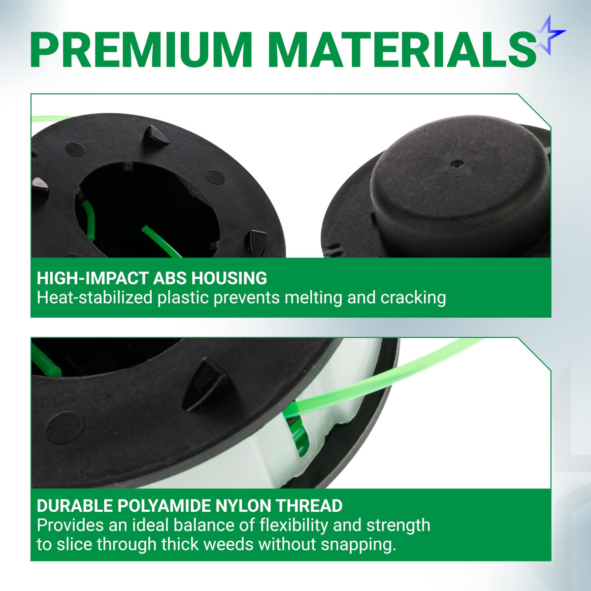 Close-up of FSA 56 replacement spool showing high-impact ABS housing and durable nylon trimmer line.