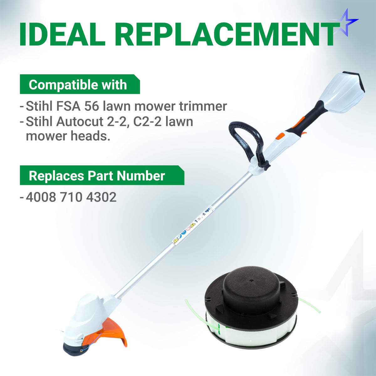 Stihl FSA 56 string trimmer with compatible AutoCut 2-2 replacement spool and compatibility information graphic.