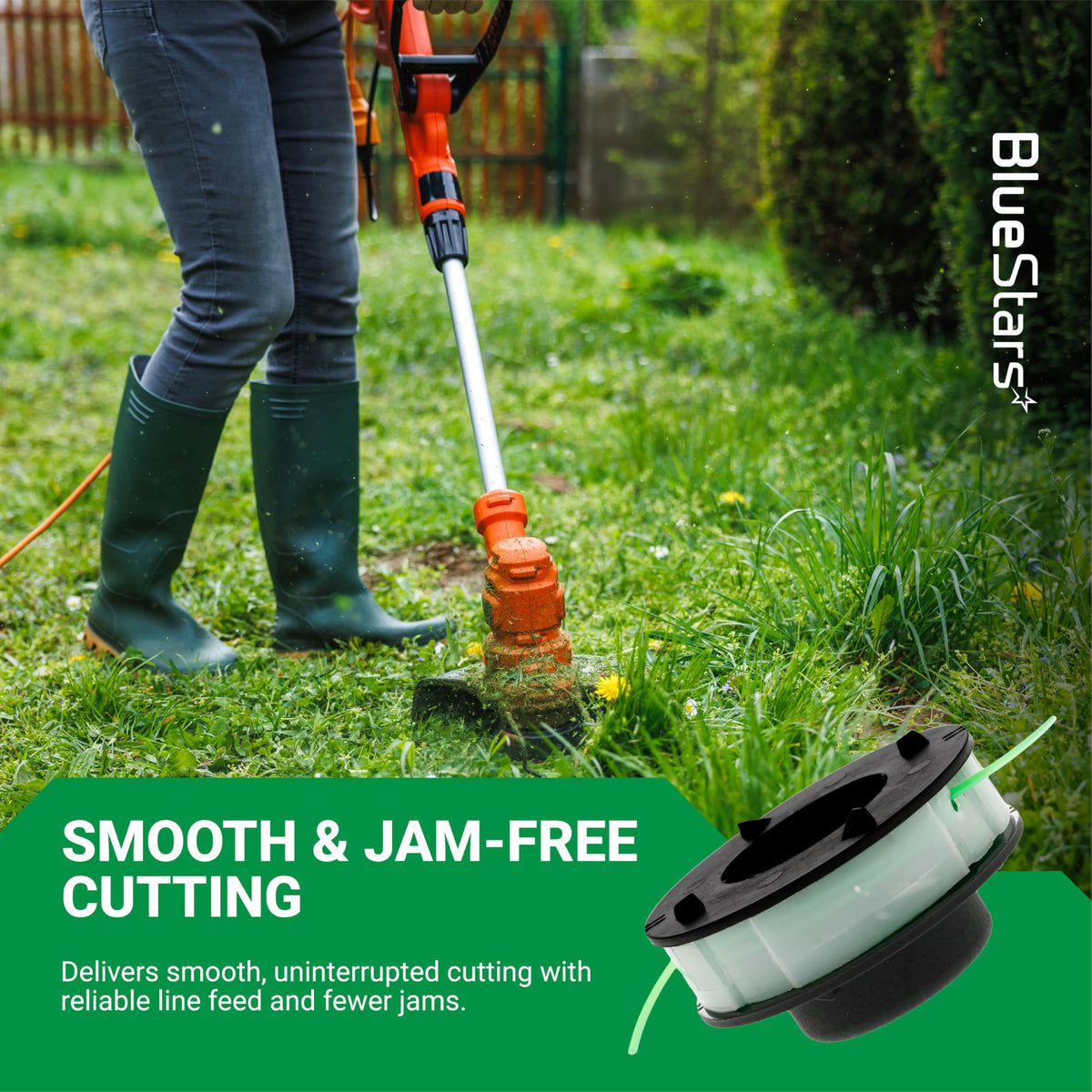 Person using an FSA 56 string trimmer in a garden with a close-up of the replacement spool for AutoCut 2-2.