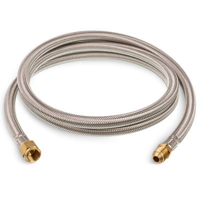 6-foot stainless steel braided propane hose with 3/8-inch female and male flare fittings.