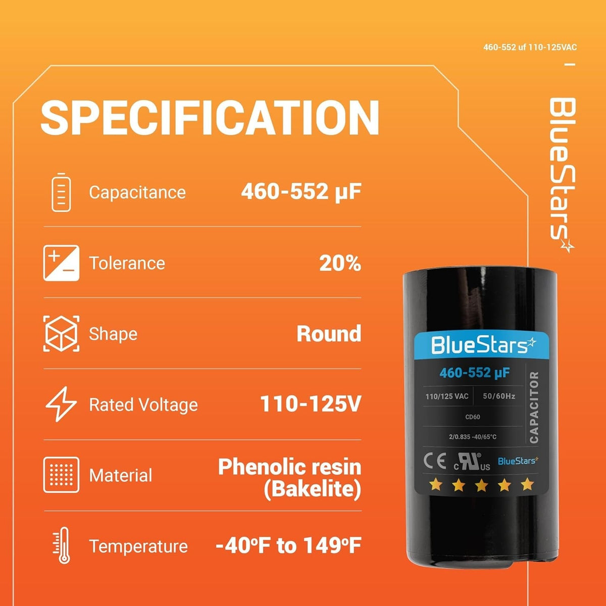 Specification chart for 460-552 uF 110-125 VAC CD60 round motor start capacitor with technical details.