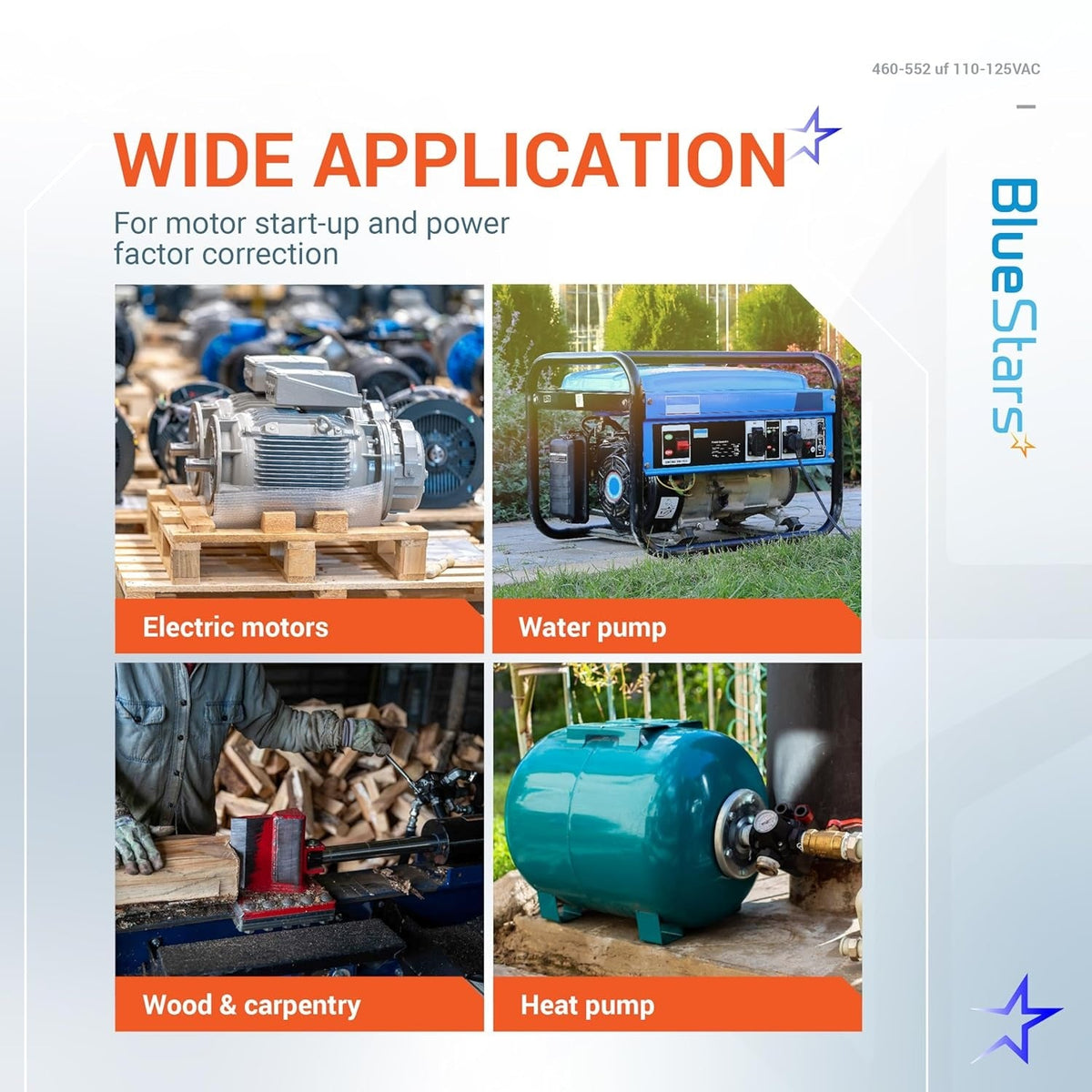Infographic showing wide application of 460-552 uF motor start capacitor for electric motors, pumps, and heat pumps.