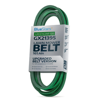 GX21395 green mower deck belt for John Deere lawn tractors in BlueStars branded packaging.