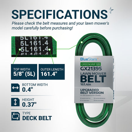 GX21395 mower deck belt specifications chart showing dimensions, belt type, and product packaging.