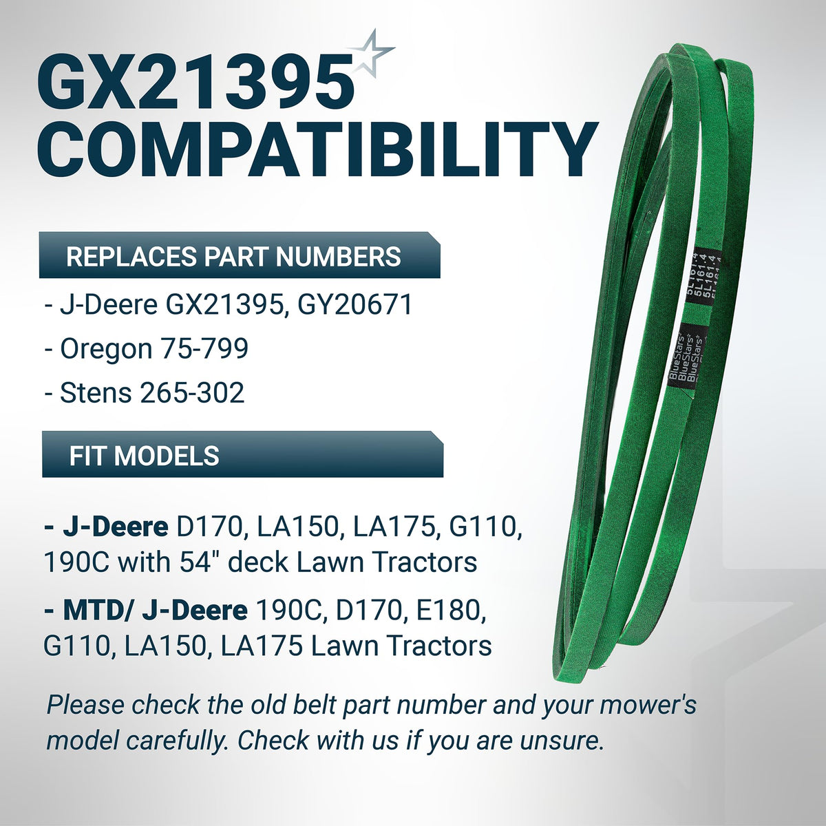 GX21395 mower deck belt compatibility chart showing replacement part numbers and John Deere lawn tractor fitment models.