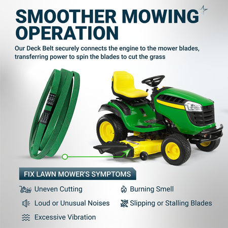 GX21395 mower deck belt for John Deere lawn tractors with symptoms of wear and installation diagram.