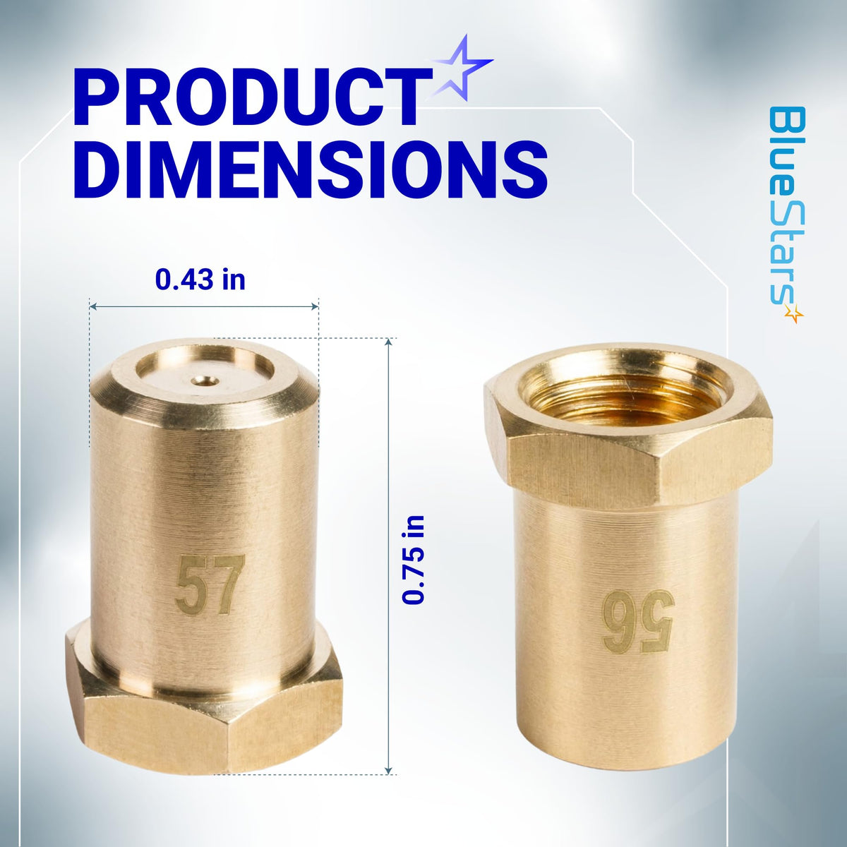 Dimension diagram showing two brass gas range conversion orifices with 0.43 inch width and 0.75 inch height.