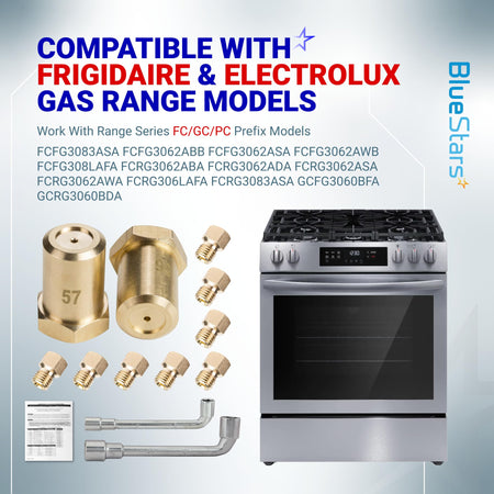 GRLP5 LP gas conversion kit with brass orifices, wrenches, and instructions for Frigidaire and Electrolux gas ranges.