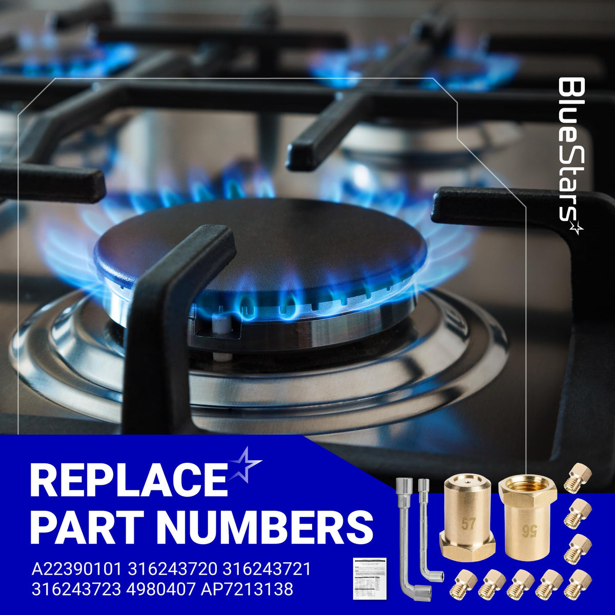 GRLP5 LP gas conversion kit for Frigidaire ranges with brass orifices and tools shown on a gas stove background.