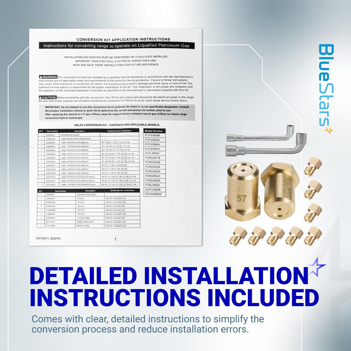 GRLP5 LP gas conversion kit for Frigidaire ranges including installation instruction sheet and brass burner orifices.