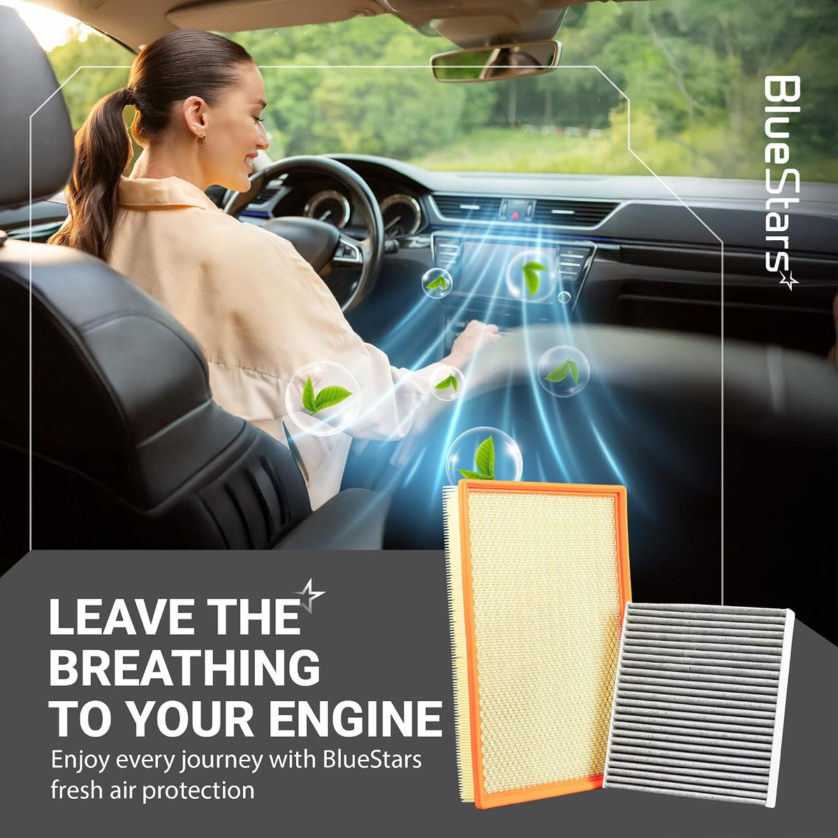 Engine & Cabin Air Filter Combo for Ram 1500, promotional graphic with two filters and driver in vehicle