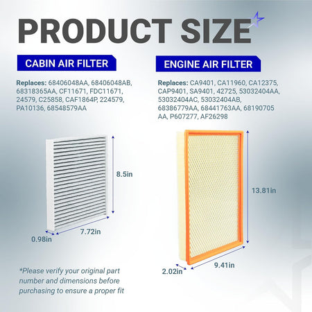 Engine & Cabin Air Filter Combo product size diagram showing cabin and engine filter dimensions
