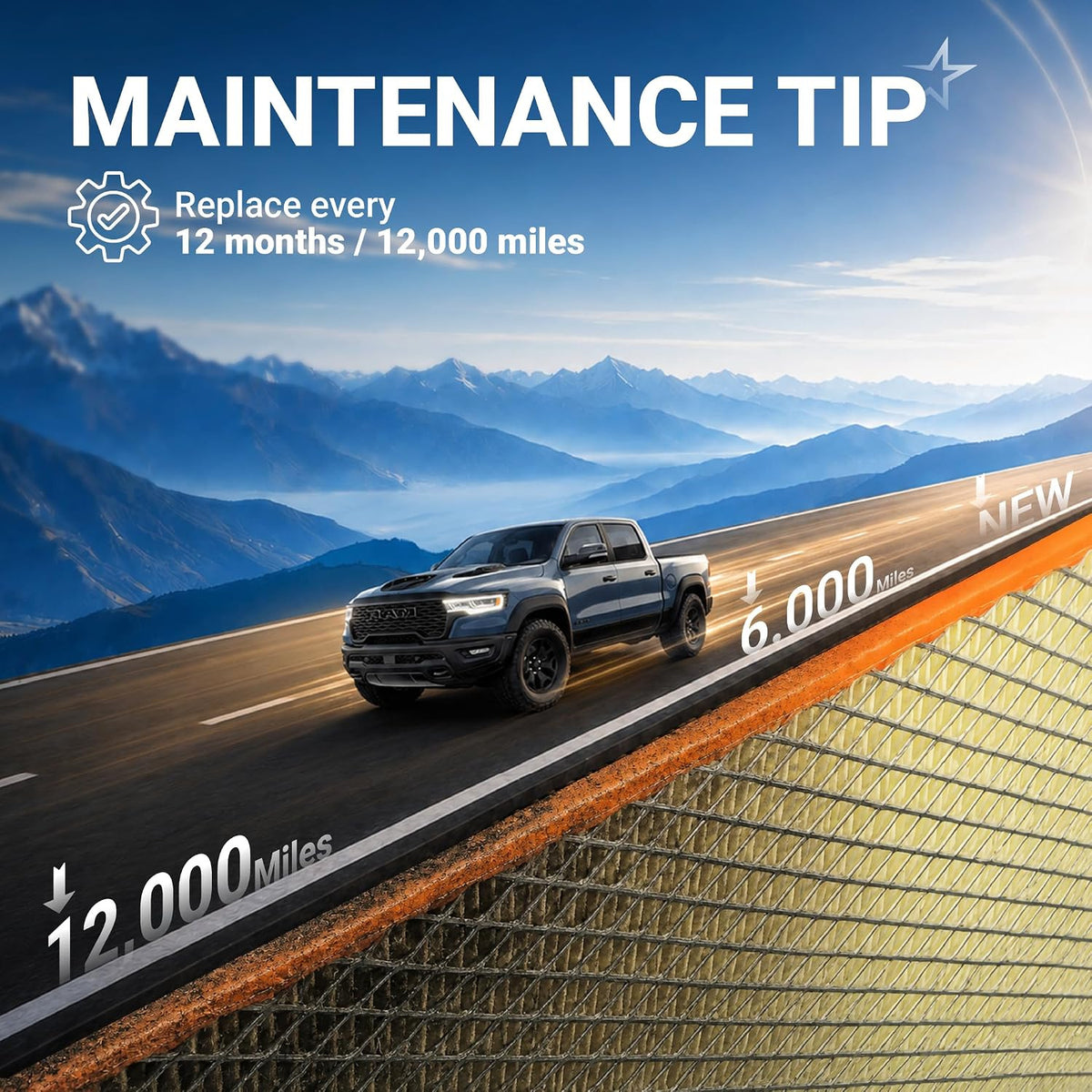 Engine & Cabin Air Filter Combo maintenance graphic showing Ram truck and replacement interval of 12 months or 12,000 miles
