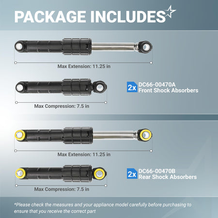 Diagram showing dimensions for Samsung washer shock absorbers DC66-00470A and DC66-00470B with extension measurements.