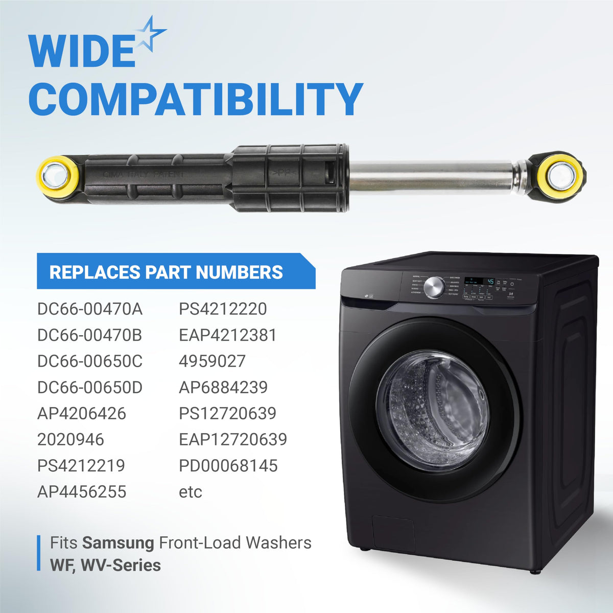 Single Samsung washing machine shock absorber replacement part with compatibility list and front-load washer graphic.