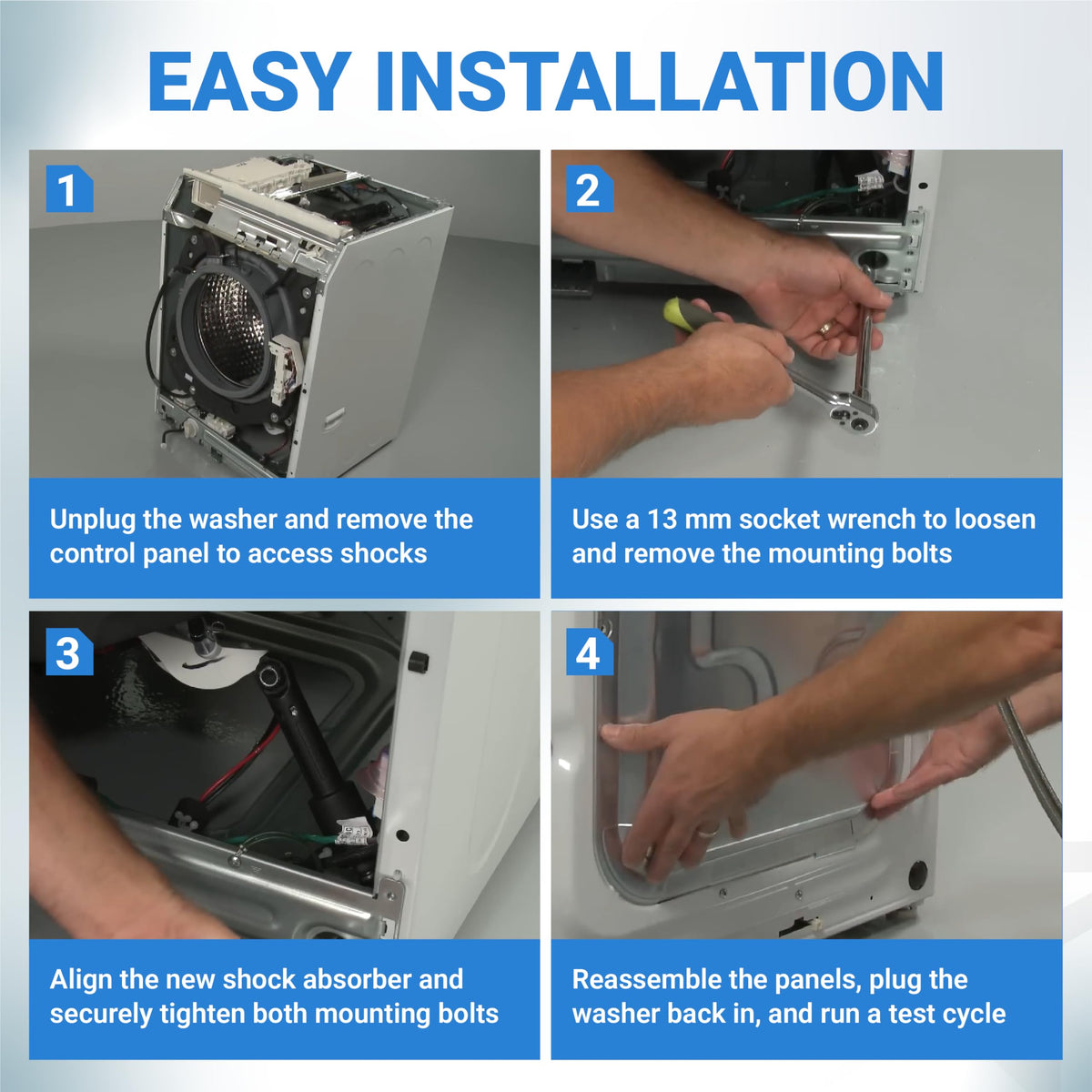 Four-step installation guide for Samsung washing machine shock absorber replacement.