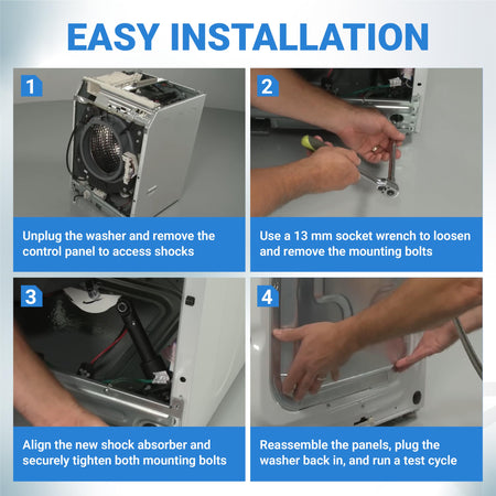 Four-step installation guide for Samsung washing machine shock absorber replacement.