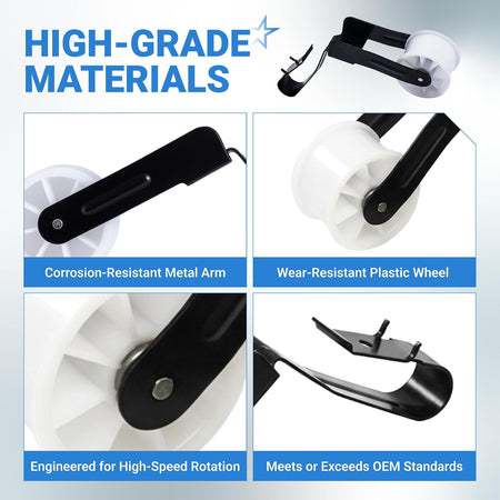 691366 Dryer Idler Pulley, product detail collage showing the metal arm and white plastic wheel in close-up views.